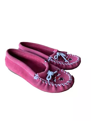 MINNETONKA MOCCASINS Suede Beaded Thunderbird Moc Loafer Slip Ons PINK GIRLS 4 • $15.95