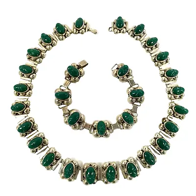 Vintage Los Ballesteros Taxco Sterling Green Stone Face Necklace Bracelet Set • $165