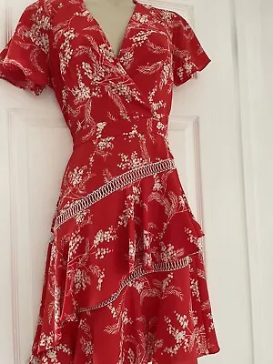 EXQUISITE Karen Millen Ruffled Floral Fit-and-flare Tiered-Hem Dress Sz6/US2EU34 • £18.40