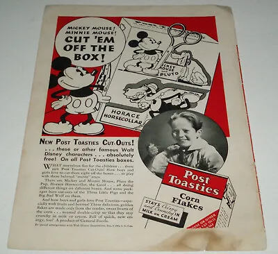 1934 Ad For MICKEY MOUSE Cutout On POST TOASTIES Cereal Box Disney • $25