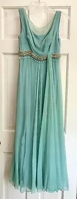 Vintage 60s Aqua Seafoam Chiffon Grecian Goddess Dress Gorgeous Beaded Waistband • $20