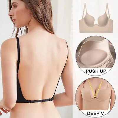 Women's Low Back Bra Wire Lifting Deep U Shaped Plunge Backless Bra Push Up Bra  • £17.99