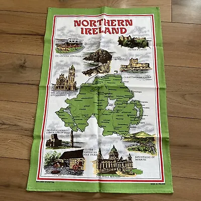 Vintage Cotton/linen Tea Towel Northern Ireland Map Landmarks Made In Ireland • £12.99