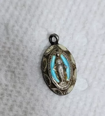 Vintage Sterling Silver Miraculous Mary With Blue Enamel • $21.99