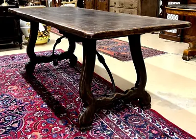 French Antique Distressed Oak Trestle Dining Table With Iron Stretcher 80” • $1750