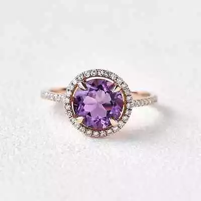 Amethyst Round Cut Halo Flower Shape Moissanite Prong Set Gold Plated Rings • $119.90