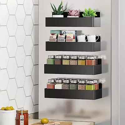 4 Pack Magnetic Spice Rack Organizer For Refrigerator Plastic Fridge Shelf Black • $28.15