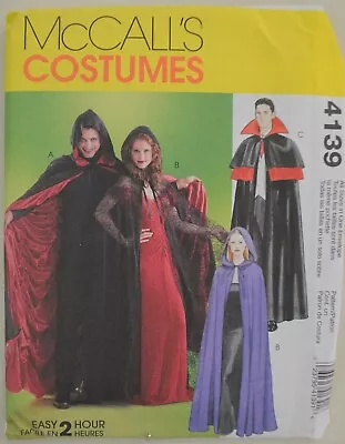 McCalls 4139 - Misses'/ Men's/ Teen Boys' Vampire Vampiress Cape Costumes • $9.75