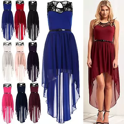 Womens High Low Chiffon Maxi Dress Ladies Lace Mesh Insert Fishtail Swing Midi • £12.49