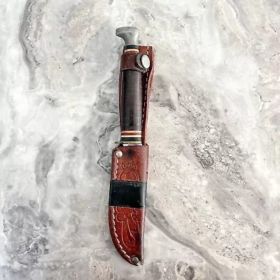 Vintage KA-BAR Leather Handle &  Sheath Hunter Knife Carbon Steel Brass Guard • $50