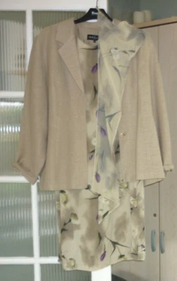 £19 • Buy DRESS- JACKET+ SCARF SIZE 14 BEIGE MIX LINED MIDI By PARALLEL SPECIAL