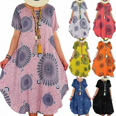 $17.39 • Buy Plus Size Women Boho Print Casual Midi Dress Beach Holiday Loose Kaftan Sundress
