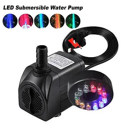 Submersible Fountain Pump With LED Light For Water Feature Outdoor Small Pond • £11.99