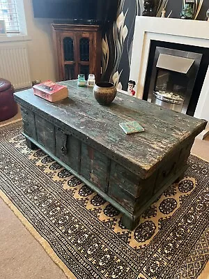 A Stunning Vintage Hardwood Green Indian Storage Trunk/ Chest/ Coffee Table. • £395