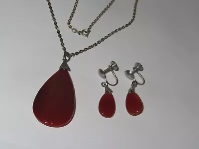 Carnelian Pendant Necklace Jewelry Set W/ Sterling Silver Chain Vintage [A153] • $29.99