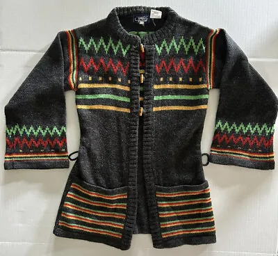 Vintage 70’s Cardigan Knit Sweater Gray Tribal Print Wood Buttons Medium Boho • $50