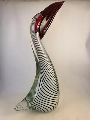 Murano Glass Pelican Cristalieria D’Arte 11.5” Tall Red Beak Blk Stripes • $82