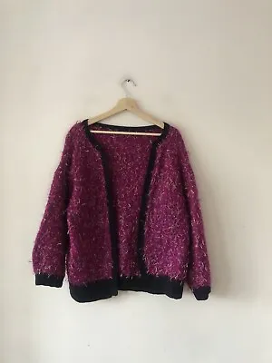 Handknit Handmade Pink & Black Open Mohair Cardigan Jumper  - Size M • £22