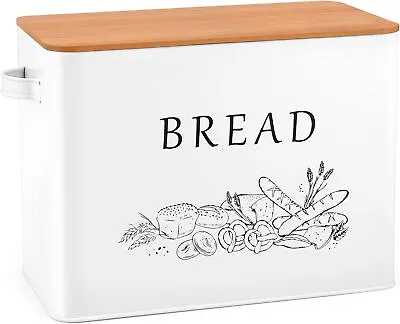 White Bread Box With Bamboo Lid For Kitchen Countertop Large Metal Bread Storage • $39.22