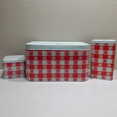 $125 • Buy Vintage Red Floral Gingham Metal Bread Box Canister Set Picnic Tin