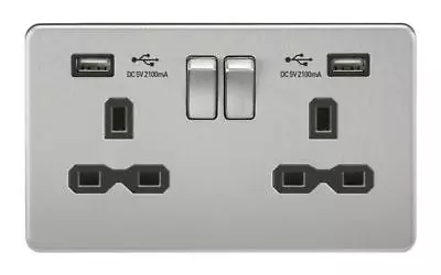 2G 13A Screwless Brushed Chrome Sockets & Dual USB Charger Phone Ipad Tablet • £30.46