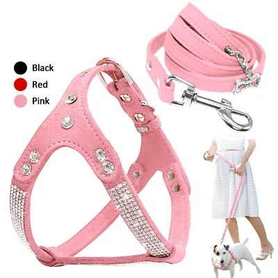 £10.19 • Buy Bling Rhinestone Pet Dog Strap Harness & Lead Soft Suede Leathe For Chihuahua 