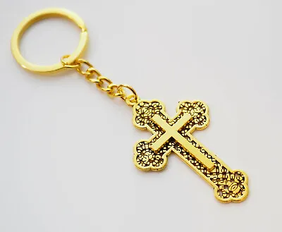 $5.99 • Buy Cross Design Christian Christianity Keychain Pendant Gift Key Chain Ring - Gold