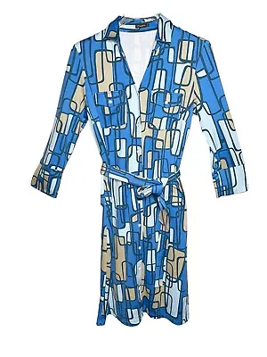 J. McLaughlin Catalina Cloth Shirt Dress Size S Collared Retro Blue Tan Belt • $29.99