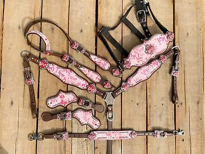 MOUSM Valentine Leather Horse Tack Set Western Headstall With Pink Heart Patch • $75