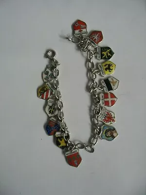 VTG 14 CHARM BRACELET WORLD TRAVELER'S SHIELDS ENAMEL & 835 SILVER 20g • $85