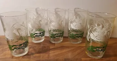 Vintage Jeannette Glass Swan Tumbler Lot Of 5 White Green 12oz Swanky Lily Pad • $38.69