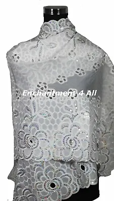 Elegant Oblong Embroidered Lace Scarf Shawl Wrap W/ Sequins White • $13.29