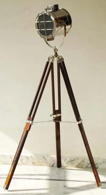 $351.40 • Buy Tripod Base Floor Lamp Antique Nautical Spotlight Wooden Lamp Marine Home Decor