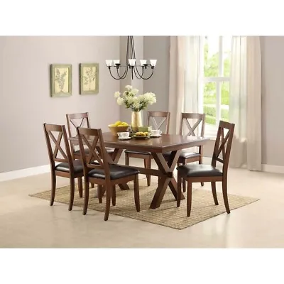 7 Piece Kitchen Farmhouse Upholstered Dining Room Set Wood Table 6 Chairs Brown • $584.95