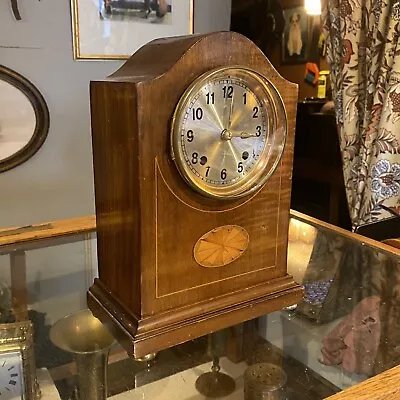 Antique Edwardian Brass Mantle Clock Wood Inlay Mahogany Shelf Library • $69.46