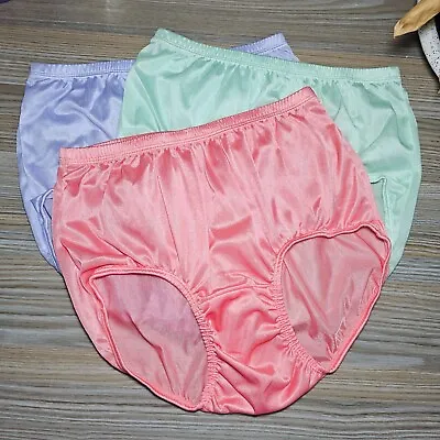 Lot Of 3 Double Nylon Gusset Panties Silky Peach Green Purple VTG Brief Size 7/L • $48.77