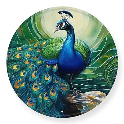 Round Tin Sign Vintage Peacock Metal Sign Suitable For Home Garden Kitchen Ba... • $17.24