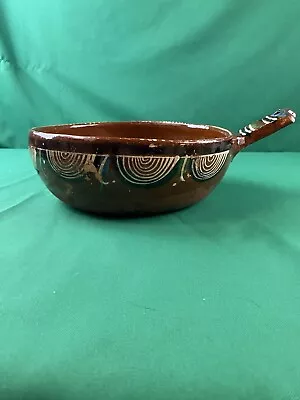 Mexico Folk Art Pottery Red  Clay Ceramic Hand Painted Bowl With Handle 11” • $37.52