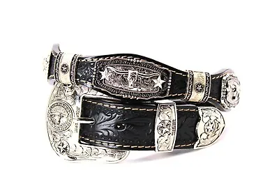 Western Belt Cowboy Silver Concho Belt Longhorn Black Floral Belt Pants Size 30 • $59.99