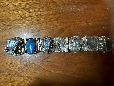 Vintage TAXCO Mexico .925 Sterling Mayan Aztec Panel Link Bracelet 7  Abalone • $99.95