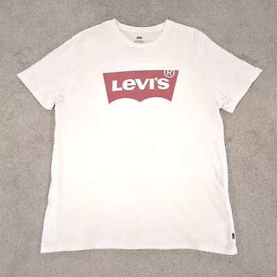 Levis T-shirt Mens XL White Spellout Crew Neck Batwing Print Logo Graphic Tee • £9.97