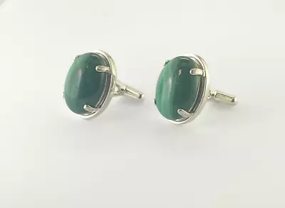 16 X 12 Mm Oval Malachite Cabochon Sterling Silver Fixed Back Cuff Links • $179.99