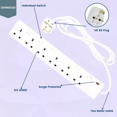 6 Gang Way 2 Meter Individually Switched Extension Lead With Neon Indicator  -2m • £9.99