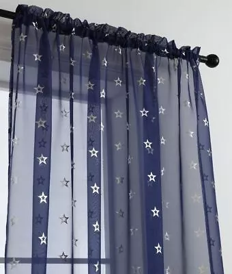 Metallic STAR Slot Top Rod Pocket Header Sheer Navy Voile Curtain Panel  7 Sizes • £9.99