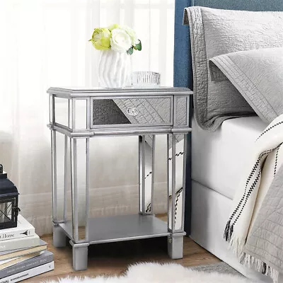 Glass Mirrored End Bedside Tables Nightstand Storage Unit Cabinet Chest Drawer • £107.94