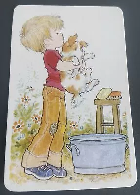 Sarah Kay 1970s  Genuine Blank Back Swap Card  Boy Washing Dog In Tub • $6.95