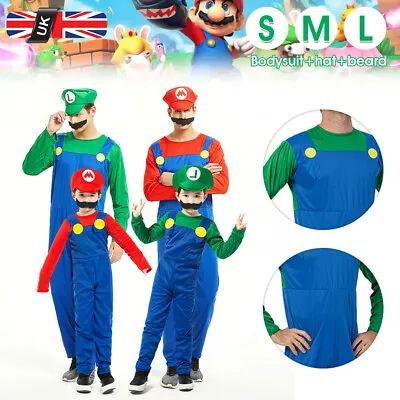 Adult Kids Super Mario And Luigi Outfit Cosplay Costume Fancy Dress Halloween UK • £8.31