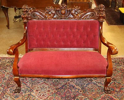 Fantastic Karpen Mahogany Figural Carved Settee Love Seat With Red Fabric • $1900