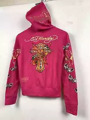 Women's Vintage Ed Hardy Rhinestones Rare Pink Hoodie Made In USA Size S • £132.99