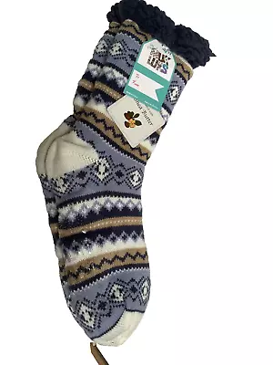 Muk Luks Slipper Socks Infused With Shea Butter Tall Blue Bands Sz L/XL Non Skid • $14.95